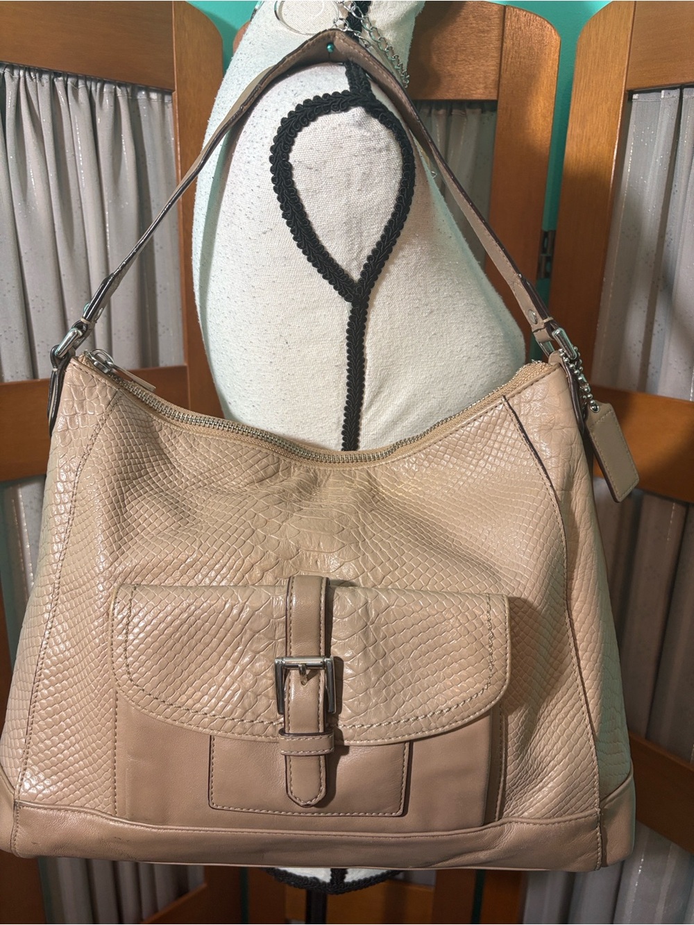 Coach  Beige Charlie python embossed Shoulder bag w/ Buckle Pocket